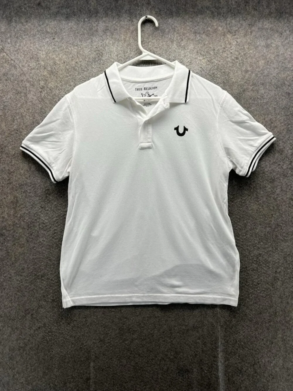 True Religion Polo Shirt Men Medium White Tipped Collar Logo Short Sleeve Casual
